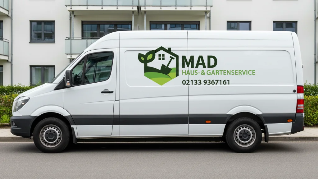 MAD-Fuhrpark: weißer Mercedes Sprinter mit MAD-Beklebung vor einer Wohnanlage im Rhein-Kreis Neuss